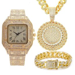 Chains 3pcs Iced Out Necklace Bracelet Watches Rhinestone 13MM Miami Cuban Pandents Bling Gold Watch For Men Jewellery Set2011