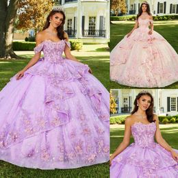 Lilac Lace Ball Gown Quinceanera Dresses Beaded Appliqued Prom Gowns Off The Shoulder Neckline Tiered Sweet 15 Corset Sequined Masquerade Dress