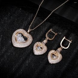 Stud Earrings Luxury Heart Pendant Lover's Cubic Zircon CZ For Women Wedding Dubai Bridal Jewelry Sets D1256