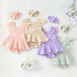 Rompers Wallarenear Born Girl Romper Outfits Sleeveless Lace Patchwork Solid Colour Dress Style Cute Headband Set