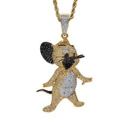 18K Gold Cat and Mouse Jerry Necklace Iced Out Cubic Zircon Mens Hip Hop Jewellery Gift277U