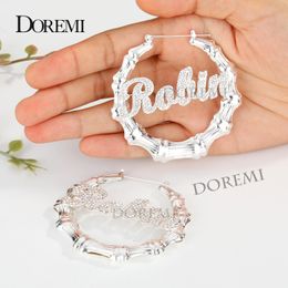 Hoop Huggie DOREMI Bling Name Bamboo Earrings Custom Trapezoid Hoop Bamboo Names Earrings Letter Big Personalised Name Earrings Women Gift 230922