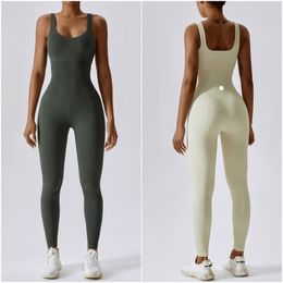 Lu Womens Jumpsuits Yoga Outfits Sleeveless Close-fitting Dance Jumpsuit Long Pants Breathable Leggings Screw Thread Material Lu-125