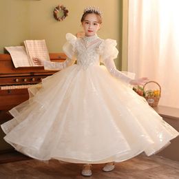 Shiny Bling Flower Girls Dress Baby Girl Clothes Lace 3D Flowers Applique Beads Puffy Tulle Kids Birthday Custom Made Ball Gown Formal Wear With Sweep Train 403