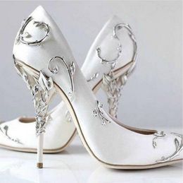 Silver Leaf Wedding Dress Bridal Pumps for women Thin high heels White Satin Ladies Pumps Slip on Solid Single