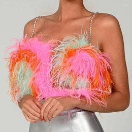 Women's Tanks Crystals Beaded Starp Tops Colorful Feather Top Sexy Vest 2023 Party Fashion Short Women Pink Mesh