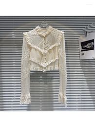 Women's Blouses HIGH STREET Est Fashion 2023 Designer Blouse Pearl Button Embroidered Lace Hooked Shirt