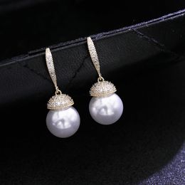 Luxurious Freshwater Ball Pearl Drop Earrings for Women Luxury Real White Gold Zircon Stud Ball Pearl Earring Fine Jewelry Gift Bride Wedding Jewelry