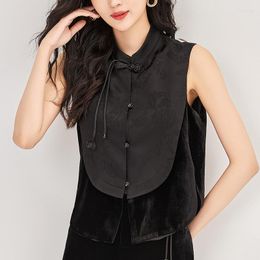 Women's Blouses Vintage Shirts Elegant For Women Chinese Style Sleeveless Black Blouse Acetate Patchwork Silk Velvet Shirt Tops