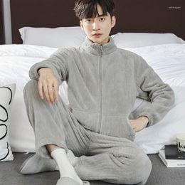 Men's Sleepwear Korean Coral Fleece Pyjama Set Men Winter Pyjamas Plus Size 3XL Flannel Loose Zipper Cardigan Nightgown Pyjama