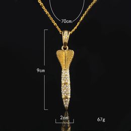 Bling Bling Gold Color Rhinestone Iced Out Military Rocket Arrow Dart Pendant Necklace Hip Hop Style Rapper Jewelry2539