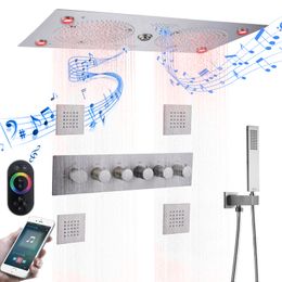 Brushed Nickel LED Thermostatic Shower System Music Head Bathroom Faucet Rainfall Handheld Set