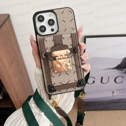 Portable Luxury Designer Phone Case for iPhone 15 14 Plus 13 12 Pro Max Leather Texture Lock Style Card Pocket Cellphone Cover Top Vogue Letter with Shoulder Strap