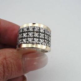 Vintage Two Tone Three Lines White Stone Wide Ring For Women Men Wedding Party Retro Anniversary Jewellery G4M861232L