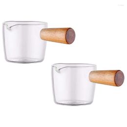Coffee Pots 2PCS Transparent Glass Creamer With Wooden Handle Mini Milk Pitcher. 100Ml