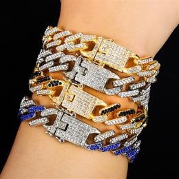 New Fashion Gold Plated Bling Colourful Diamond Mens Womens Hip Hop Black Red Blue Cuban Link Chain Bracelet Curb Raper Chains Gift274x