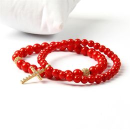 Easter Jewelry Whole 5mm A Grade Dyed Red Coral Stone Clear Cz Jesus Cross Beaded Bracelet For Lover Gift232g