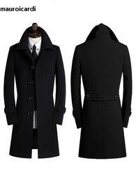 Men's Wool Blends Mauroicardi Autumn Winter Long Smart Casual Fitted Warm Black Blue Woollen Coat Men Single Breasted Luxury Wool Blends Overcoat 230923