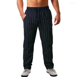 Men's Pants Men Classic Cotton And Linen Trousers Striped Slim Fit Elastic Waist Mid Fashion Casual Simple Breathable