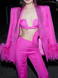 BS052 Hot Pink Pant Suits Ostrich Feather Fashionable Luxury Real Feather Embellished Diamond Shawl Collar Suit Jacket Set