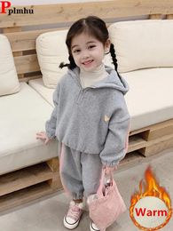 Clothing Sets Warm Patchwork Velvet Lined Girls Suit Winter Hooded Tops Kids 2 Piece Sets Cute Thick Plush Baggy Sweatpants Child Conjunto 230922