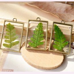 Pendant Necklaces LUBOV Green Rock Fern Specimen Necklace Dried Leaf Square Resin Vintage Bronze For Women Jewelry Gift