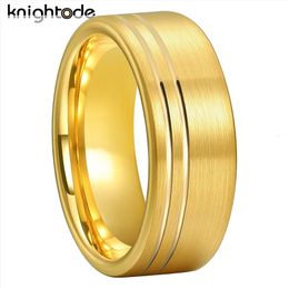 Wedding Rings 8mm Tungsten Carbide Ring Two Offset Grooves Men Women Wedding Band Flat Brushed Comfort Fit 230922