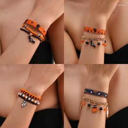 Charm Bracelets Halloween Bracelet Set Korean Fashion Girls Jewelry Gift Handmade Pearl Beads Pumpkin Bat Ghost Pendant Leather Charms