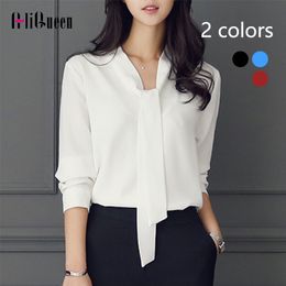 Women's Blouses Shirts Women Long Sleeve Solid Color Shirts Office Ladies Casual White Bow Tie V Neck Formal Blouse Work Wear Business Tops S-2XL 230923