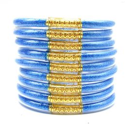 Bangle 9Pcs/Set Blue Glitter Filled Jelly Silicone Lightweight For Women Girls Stackable Bracelets Set Jewelry Gift