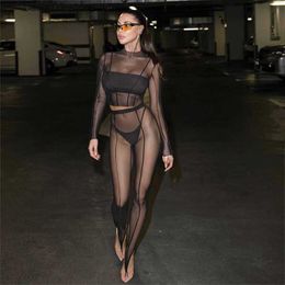 Women's Two Piece Pants Mesh Matching Set Transparent 2 PCS Black Pants Sets Club Outfits Long Sleeve Crop Top Sexy Two Piece Sets Women Pants Suits T230923