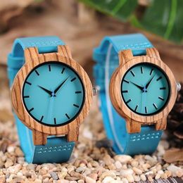 Luxury Royal Blue Wood Watch Top Quartz Wristwatch 100% Natural Bamboo Clock Casual Leather Band Valentine's Day Gifts for Me255V