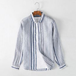 Men's Casual Shirts 2023 Spring Autumn Linen Fresh Stripe Long Sleeve Shirt Polo Collar Cardigan Men Clothing