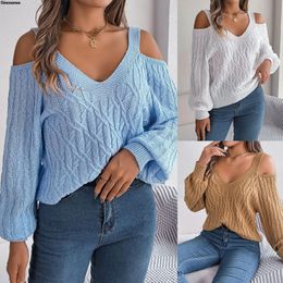 Women's Sweaters Women Cold Shoulder Oversized Sweaters Long Sleeve V Neck Chunky Cable Knit Fall Tunic Sweater Tops Pullover Knitted Jumpers 230922