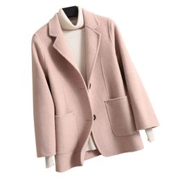 Women's Wool Blends 100% Pure Wool Woollen Coat Women Autumn Small Suit Wool Overcoat Woman Show High And Thin Slim Cashmere Two-sided Jacket 230923