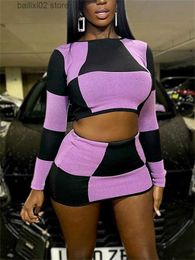 Two Piece Dress 2023 Streetwear plaid Print 2 Two Piece Dress Sets Skirts Long Sleeve Crop Tops Matching Mini Purple Skirts Suits T230923