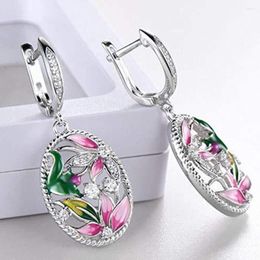 Dangle Earrings Aesthetic Pink Flower Green Leaf Design For Women Engagement Wedding Party Chic Accessories Jewellery