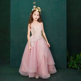 Pink Lace Flower Crystals Ball Gown Little Girl Frist Communion Pageant Dresses Gowns Baby Birthday Princess A Line Wedding Party Dress 403