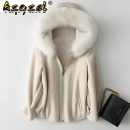 Womens Fur Faux Mantel Bulu Asli Korea Kerah Rubah Jaket Wol Musim Gugur Dingin Pakaian Wanita Domba Shearling Lapisan Suede T3520 230922