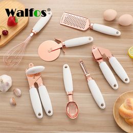 Bathroom Shelves Walfos 7 Pcs Kitchen Gadget Set Copper Coated Stainless Steel Utensils with Soft Touch Rose Gold Garlic Press Pizza Cutter 230922