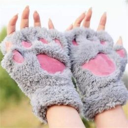 Women Cat Gloves Fashion Girls Cat Claw Paw Plush Mittens Warm Soft Plush Short Fingerless Half Finger Winter Gloves