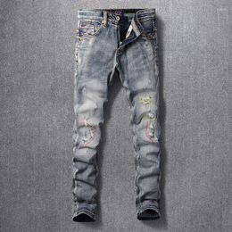 Men's Jeans Fashion Vintage Men Retro Blue Elastic Slim Fit Ripped Straight Trousers Embroidery Designer Denim Pants Hombre