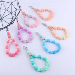 Keychains Fashion Lobster Clasp Wristband Bracelet Pendant Keychain Colourful Rose Silicone Beaded Keyring Women Bag Car Key Chain Jewellery