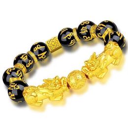 Whole Fashion Feng Shui Stone Beads Strands Bracelet Men Women Unisex Pi Xiu Obsidian Wristband Gold Wealth252e