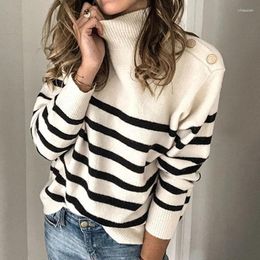 Women's Sweaters 2023 Autumn Winter Fashion Pullovers Women With Buttons Elegant Soft Striped Sweater Woman Warm Casual Turtleneck 28962