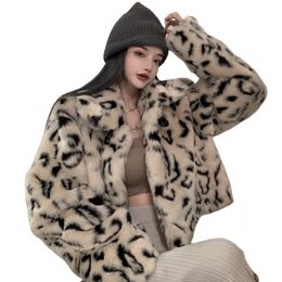 Women's faux fur collar leopard print pattern long sleeve high waist short warm jacket coat