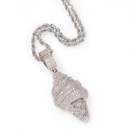 Iced Out Ice Cream Necklace Pendant White Gold Plated with Rope Chain Mens Hip Hop Jewellery Gift2301