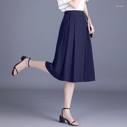 Skirts Spring Summer Elastic Waist Women's Skirt A-line High Solid Colour Large Pleated Girls' Commuter Navy