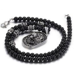 Punk Black Glass Bead Link Chain Lion Pendant Necklace Men Women Black Rhinestones Gold Silver 316L Stainless Steel Animal Sweater235o