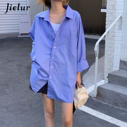 Women's Blouses Shirts Jielur Korean Mid-length Harajuku Women Shirts Loose Blouse Female Street Casual Cool Boyfriend White Blue Shirt Pocket S-L 230923